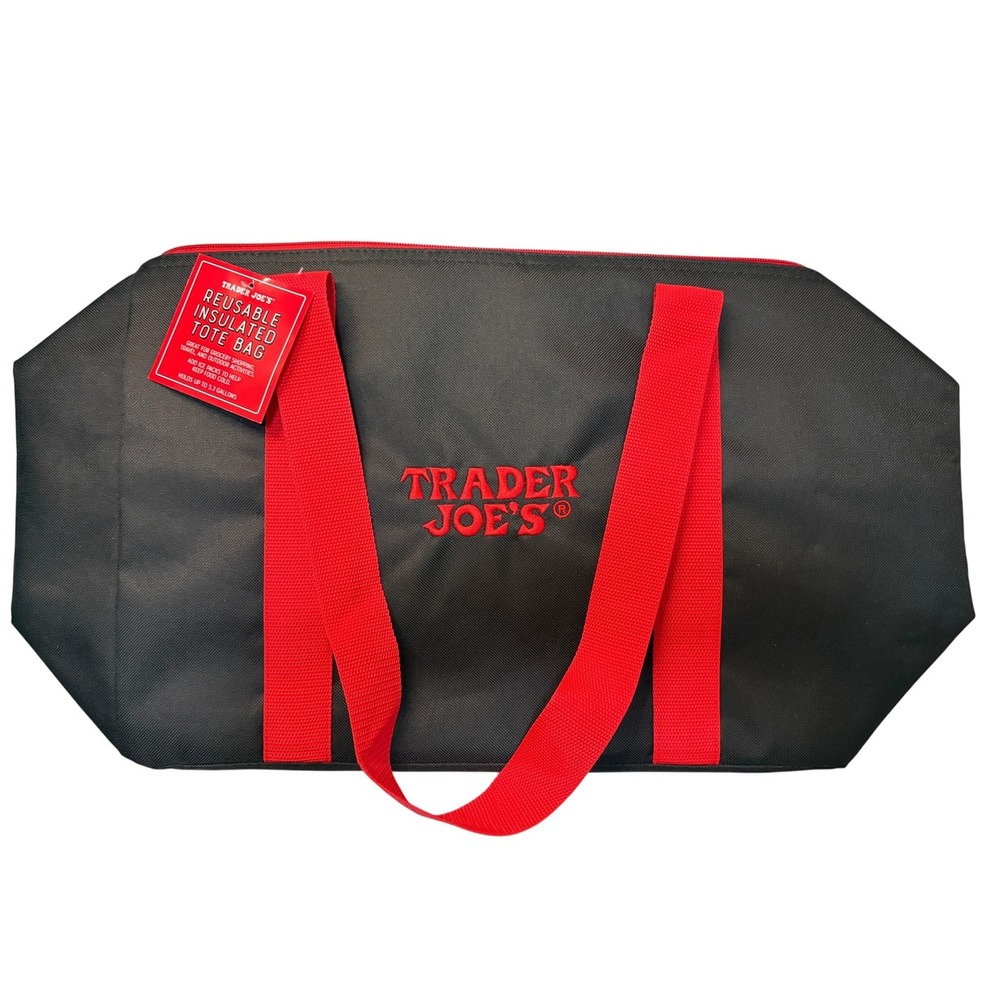 Trader Joes Reusable Insulated Tote Bag Black Red Zip Top Cooler 5.3 Gallon NWT